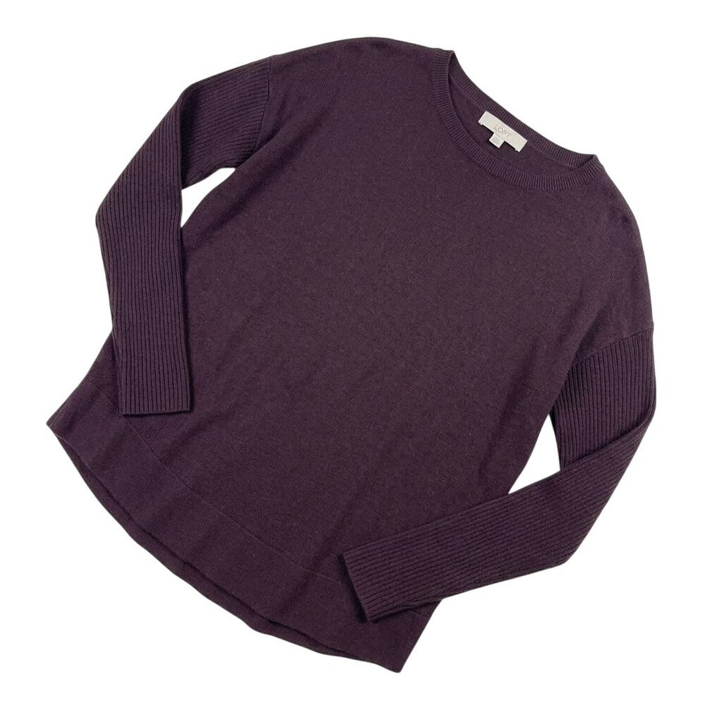 LOFT Relaxed Swing Sweater Brown Ribbed Sleeve Stretchy Knit Casual Womens XS
